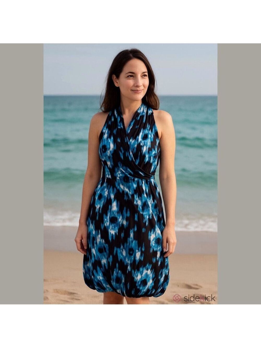 DEREK LAM Black Blue White Abstract Halter Midi Balloon Hem Wrap Dress Med